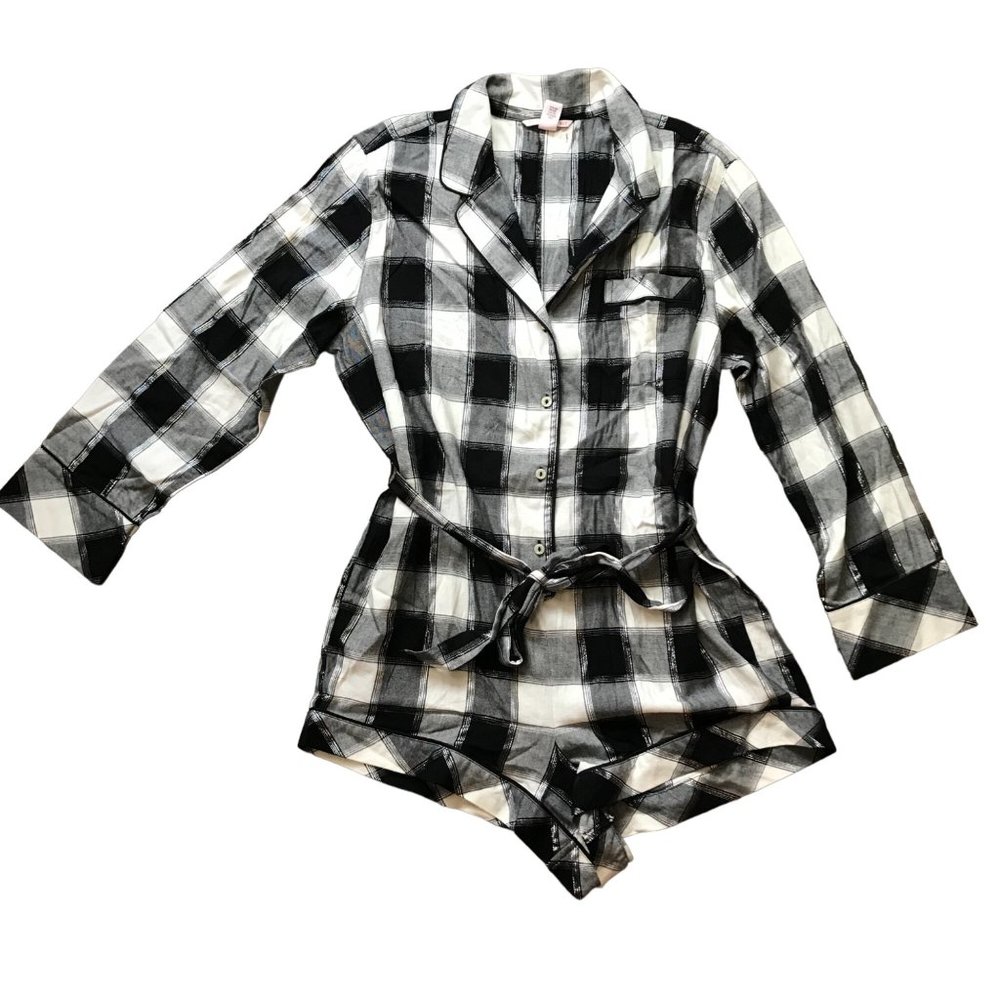 Victoria's Secret Shimmery Plaid Lightweight Flannel PJ‎ Sleep Romper Outfit L